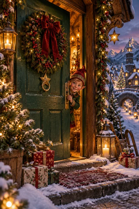 An elf welcomes you through a decorated Christmas doorway